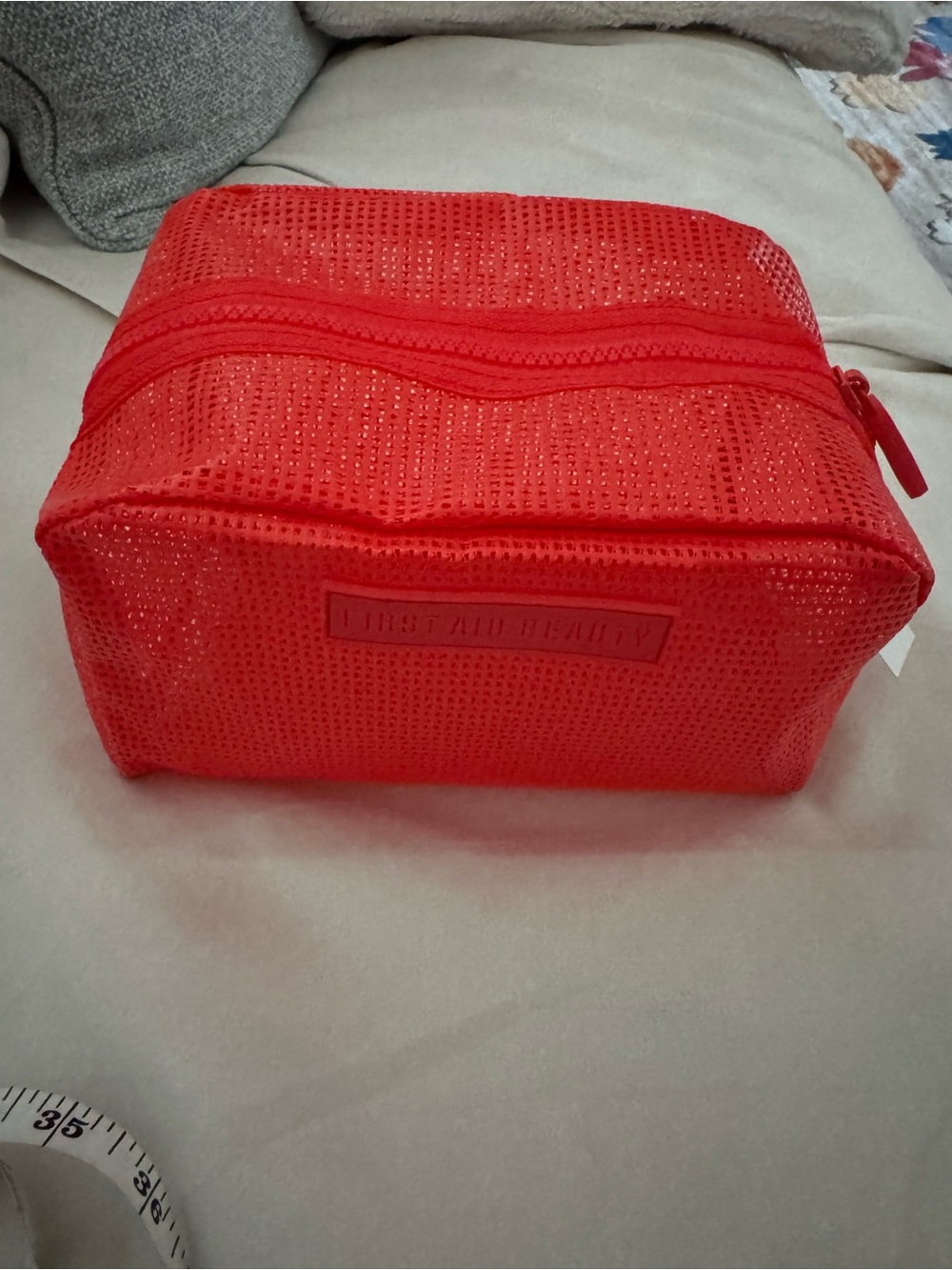 First Aid Beauty FAB Red Mesh Travel Cosmetic Bag NWT